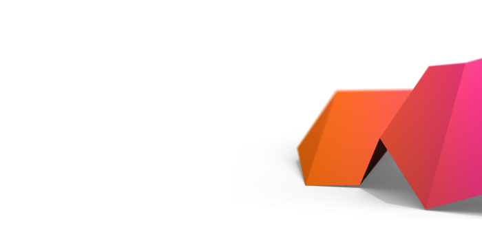The corner of a complex geometrical, 3D shape in a colour gradient orange to pink in the bottom right edge of a blank page