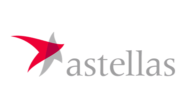 The word astellas in light grey on the right and a delicate looking logo on the left made of 2 arrow heads, a red on top of a grey overlapping but the edges of the arrowheads are pulled outwards making them look light and floaty.