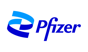 The word pfizer in electric blue with 2 swishes ( the pfizer icon ) on the left hand side in electric and light blue