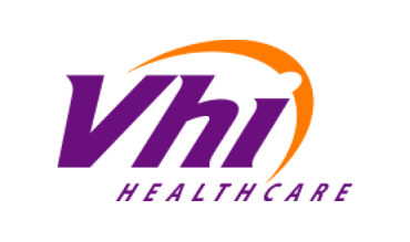 The letters VHI and the word healthcare underneath the letters, all text in purple with an orange moon curving over the letters and word.