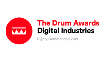 On the left side of the logo a red circle with a white crown and on the right the text The Drum Awards, followed by Digital Industries, with Highly Commended 2021 underneath Digital industries