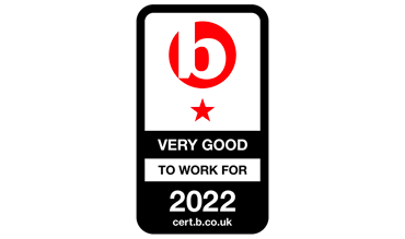 Certification for Best companies' logo being a B and a star indicating Best Company with the text 'Very Good to Work For 2022'