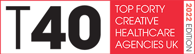 PMLiVE's Top 40 logo 2022 edition consisting of T40 in large black letters alongside the text "Top forty creative healthcare agencies uk"