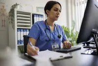 Professional female nurse or doctor working in a medical office, wearing blue scrubs and a stethoscope. She is typing on a computer keyboard and writing notes on a clipboard, concentrating on patient information or telemedicine documentation. The office background includes medical charts and organized files, conveying professionalism, care, and focus in a healthcare environment.