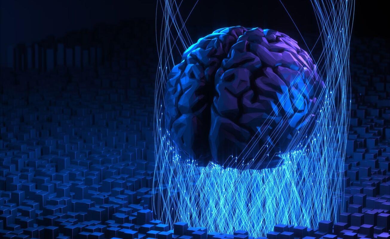 A an image of a gradient blue to purple gradient brain floating on top a sea of 3d squares, held in the air by fiberglass thin lines glowing and beaming below strands, above and around the brain